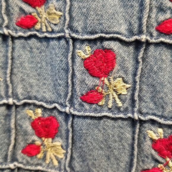 Vintage 90's NEW Denim Dress Embroidered Roses Floral Faux Wrap Button XL - Picture 4 of 16